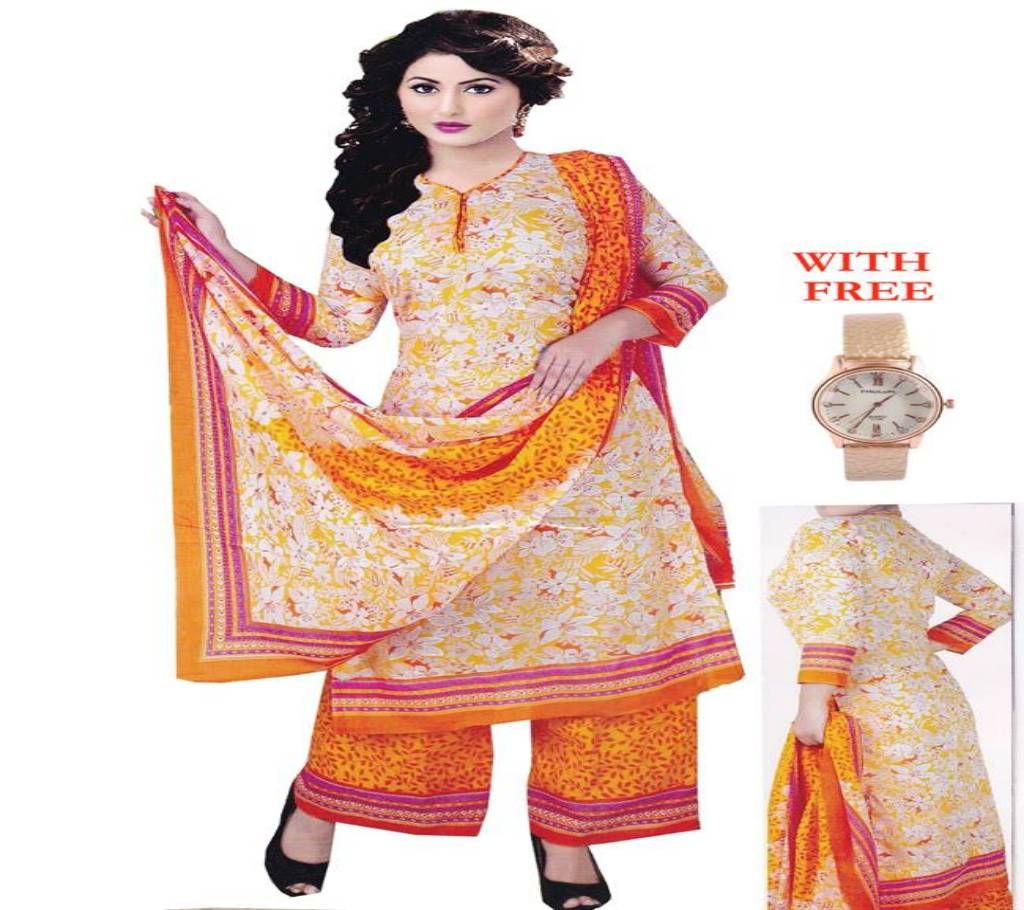 Unstitched Cotton Three- with Women Watch Free!