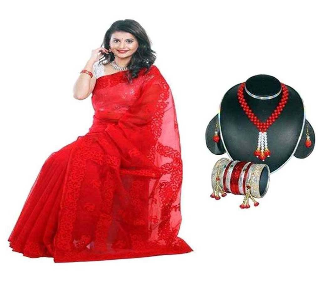 Pure Muslin Silk Embroidery Saree with Jewellery Set Free