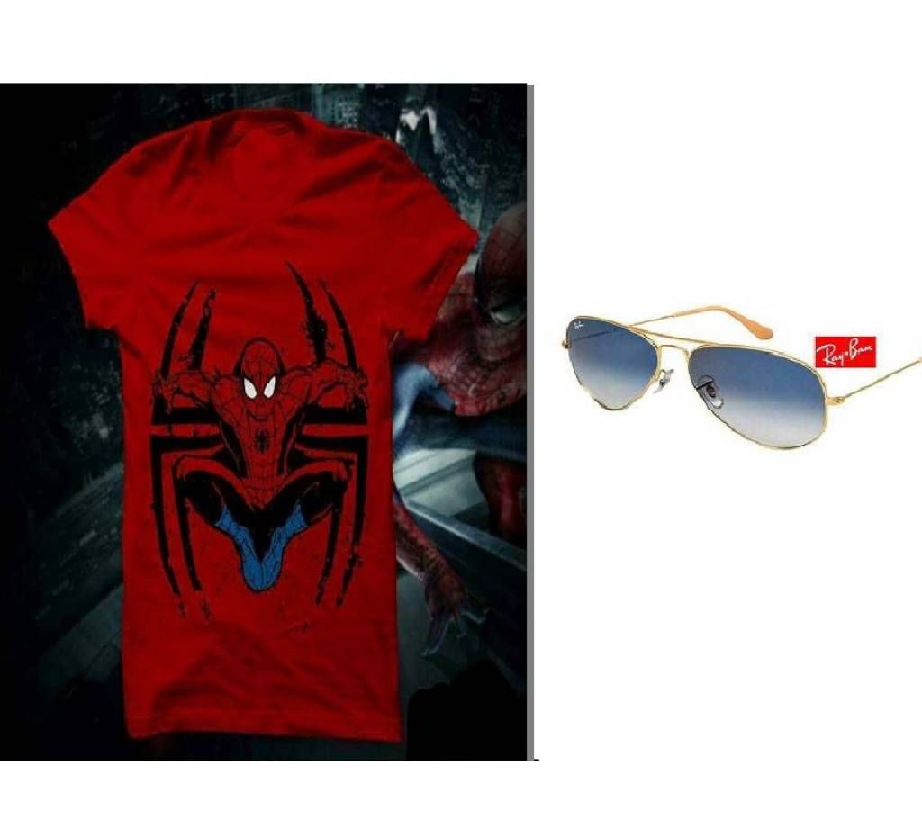 Spiderman Menz T-shirt and Ray ban Copy Sunglasses Combo