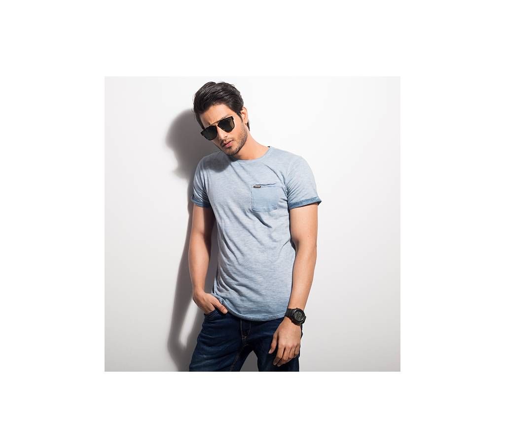 Asmoor Sky Blue Cotton Short Sleeve T-Shirt for Men