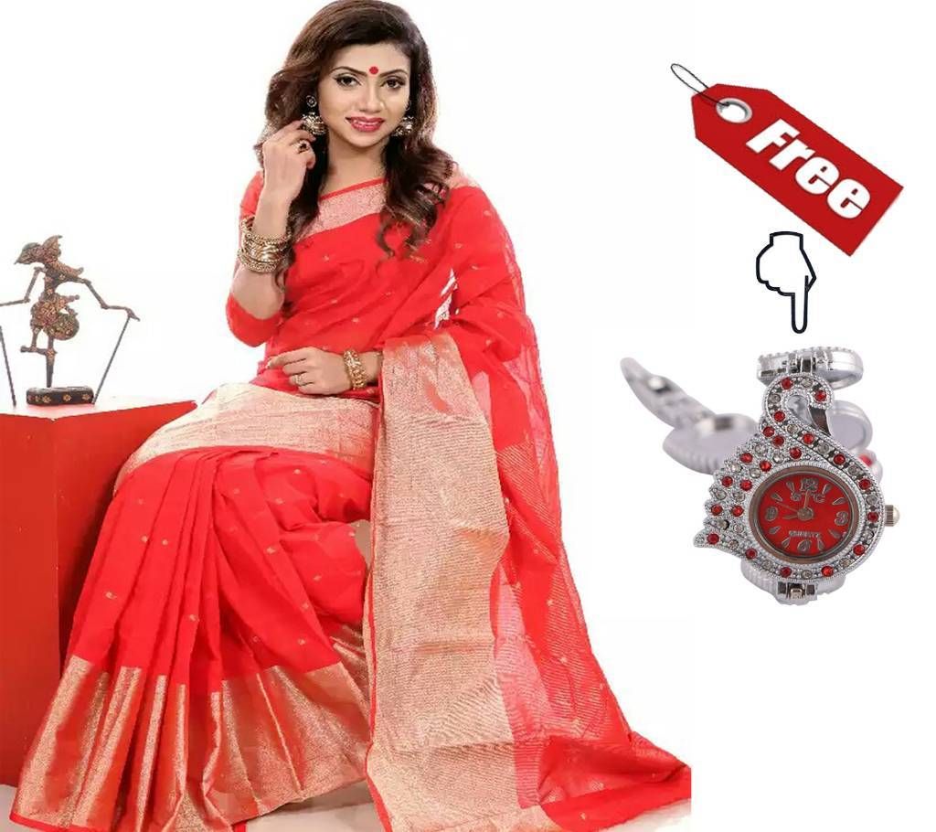 Monipuri Suti Red Jorri Sarre With Free Ladies Wrist Watch