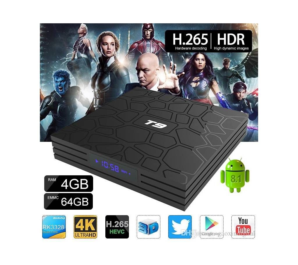 T9 Android 8.1 RK3328 Quad Core TV Box 4GB 32GB Smart Media Player Support 2.4G Wifi