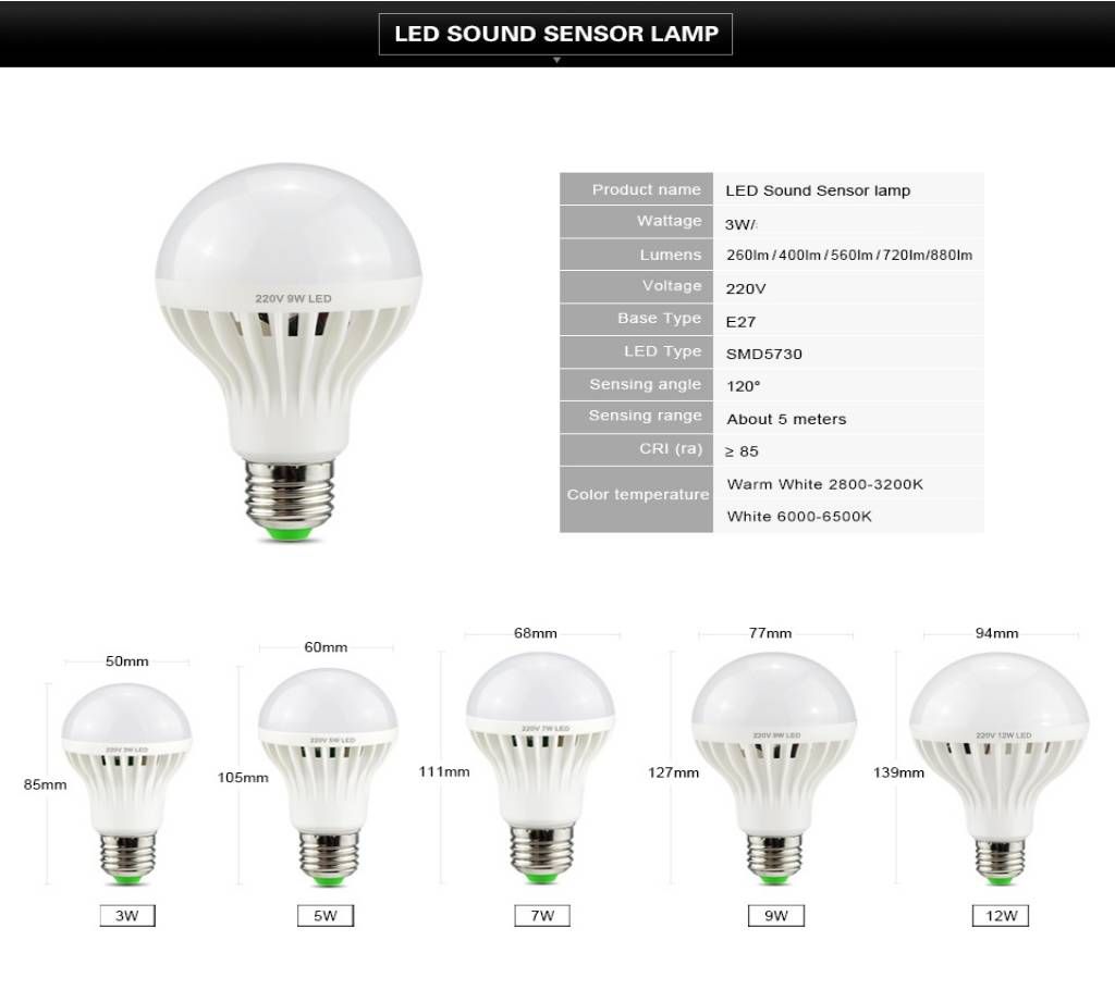 Motion Sensor Light and Sound Sensor LED lamp 220V E27 3W  Smart Night Sensor PIR Switch Bulb Stair lighting