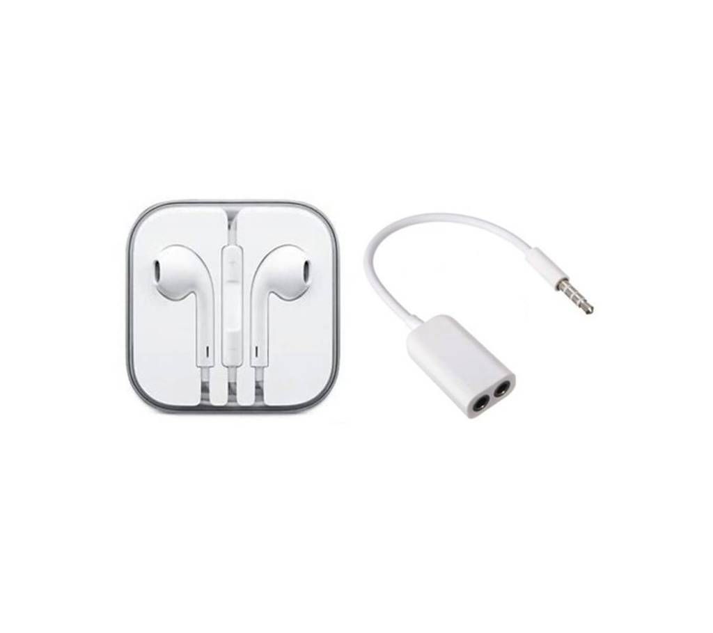 Combo of Stereo White Earphone + Aux Audio Splitter
