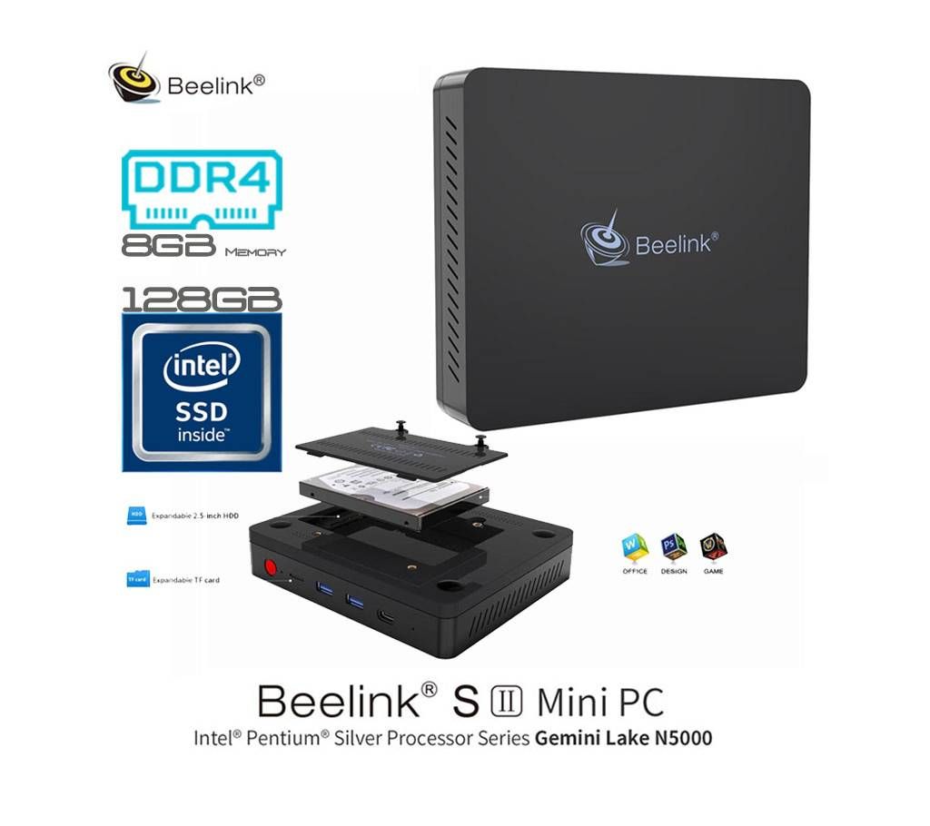 Beelink S2 Gemini Lake N5000 2.7Ghz Intel® UHD Graphics 605 8GB DDR4 RAM 128GB SSD Intel 5.0G WIFI 1000M Gigabit LAN bluetooth 4.0 H.265 VP9 TV Box Mini PC Support Windows 10 Cortana 2.5 Inch HDD Bay