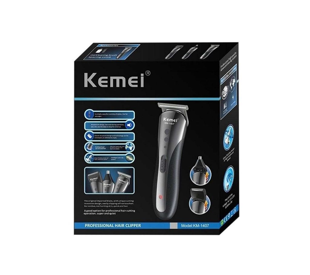 Kemei KM-1407 3 in 1 Hair , Nose Hair and Beard Shaver and clipper for Men grooming kit - black