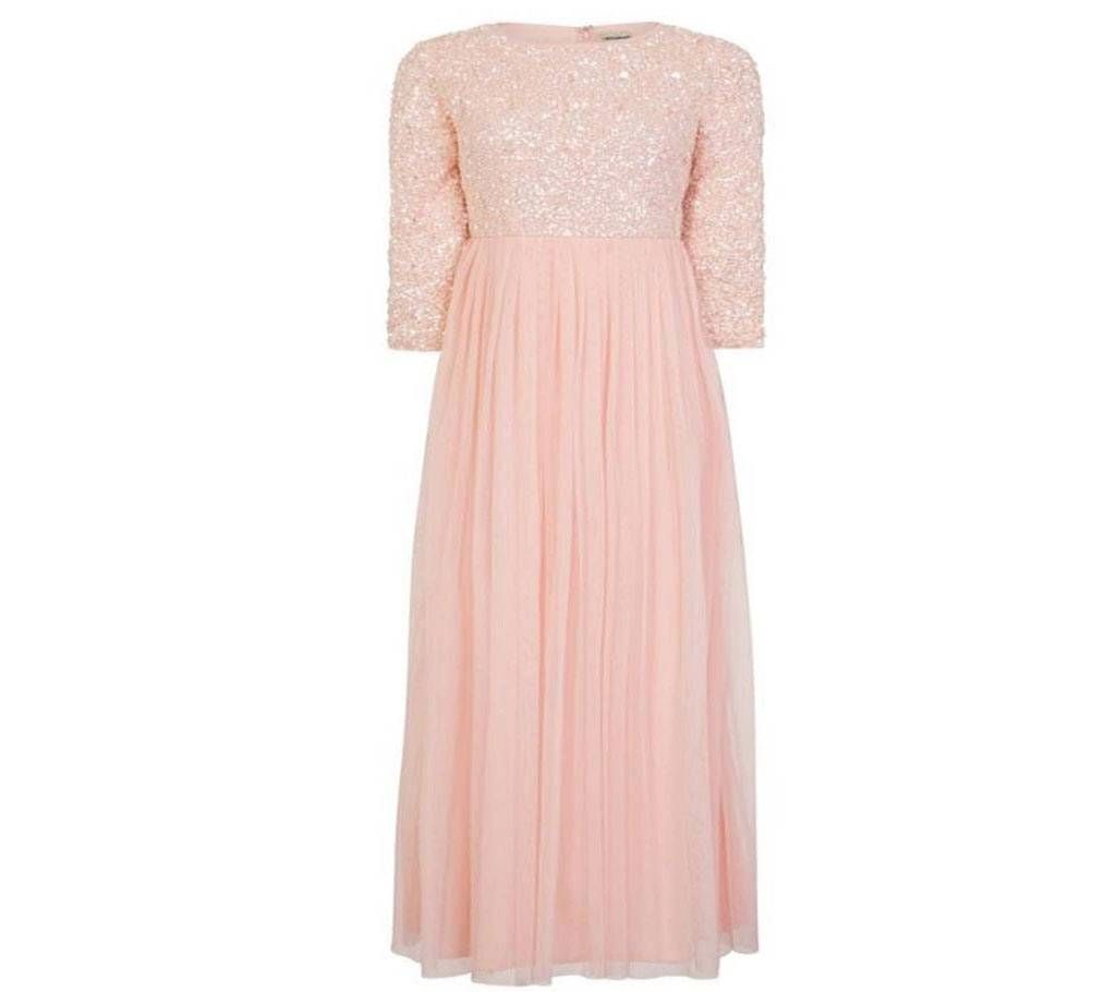 Lace & Beads Picasso Long Sleeved Pink Embellished Dress