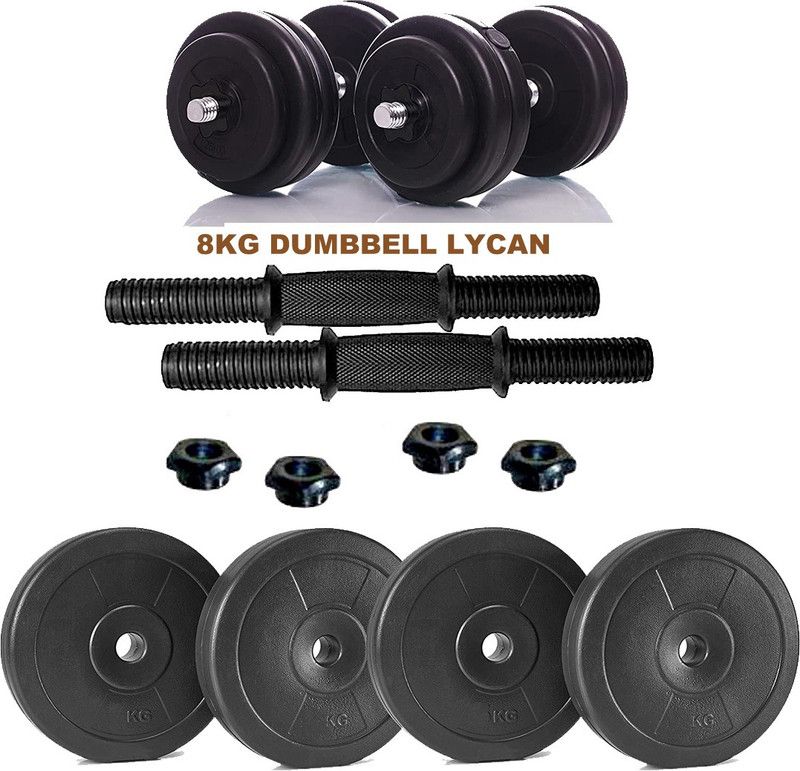 LYCAN 8 KG MUSCLE BUILDING PVC PLATES with 2 Dumbbels Rods Black Bar & Plate Combo  (8 kg)