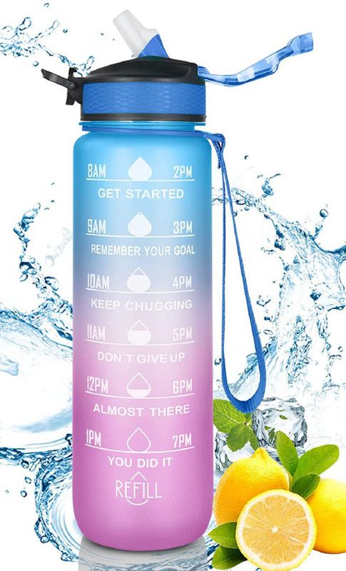 Laxvila 1 Litre Drinking Water Bottle with Motivational Time Marker & Straw Gym Sipper 1000 ml Sipper  (Pack of 1, Multicolor, Plastic)