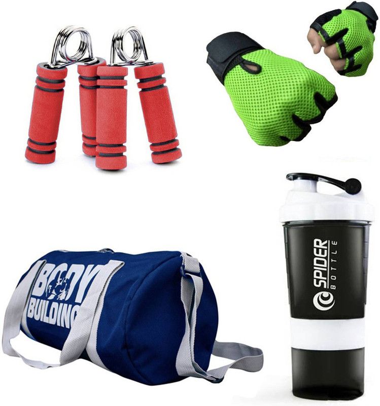 Trending Snipper Combo Of BodyBuilding (Blue) Gym Bag, Gloves (Red), Spider Shaker (White) And Hand Gripper (Red) Fitness Accessory Kit Kit