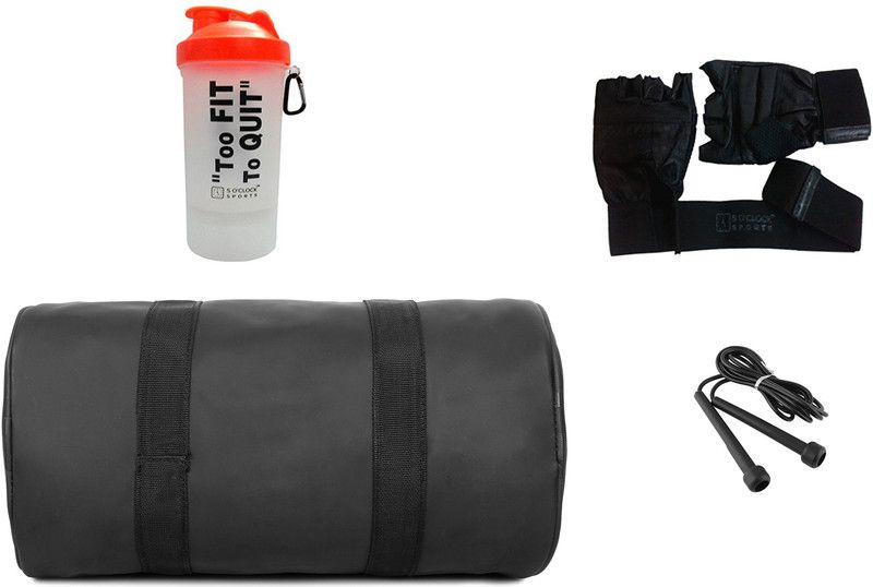 5 O' CLOCK SPORTS Combo Of Leatherite Black Gym Bag , and orange shaker too fit, rope with red gloves Gym & Fitness Kit Fitness Accessory Kit Kit