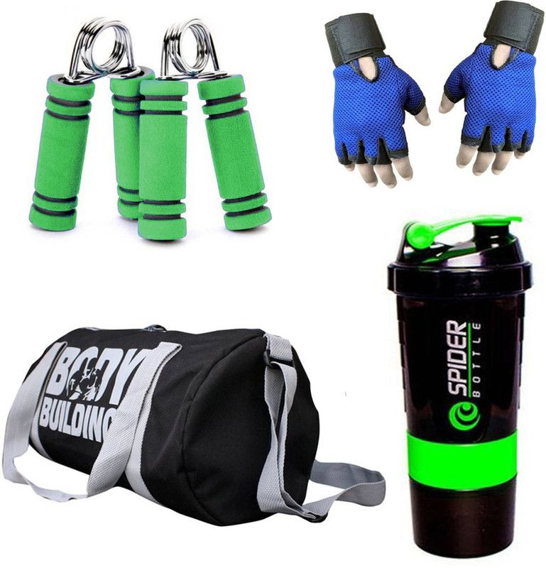 Rocket Sales Combo Of BodyBuilding (Black) Gym Bag, Gloves (Blue), Spider Shaker (Green) And Hand Gripper (Green) Fitness Accessory Kit Kit