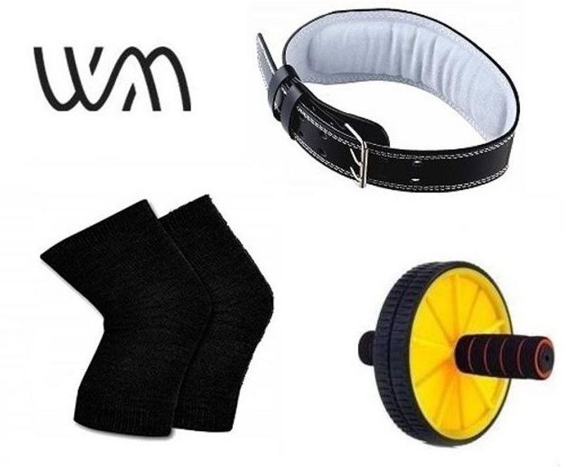 Web Mall Medium Geniune Leather Weight Lifting Belt With AB Roller & One Pair Knee Caps Unisex Fitness Accessory Kit Kit