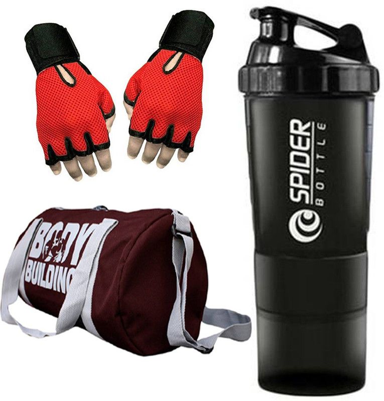 Rocket Sales Combo Of BodyBuilding Gym Bag, Gloves (Red) And Spider Shaker (Black) Fitness Accessory Kit Kit