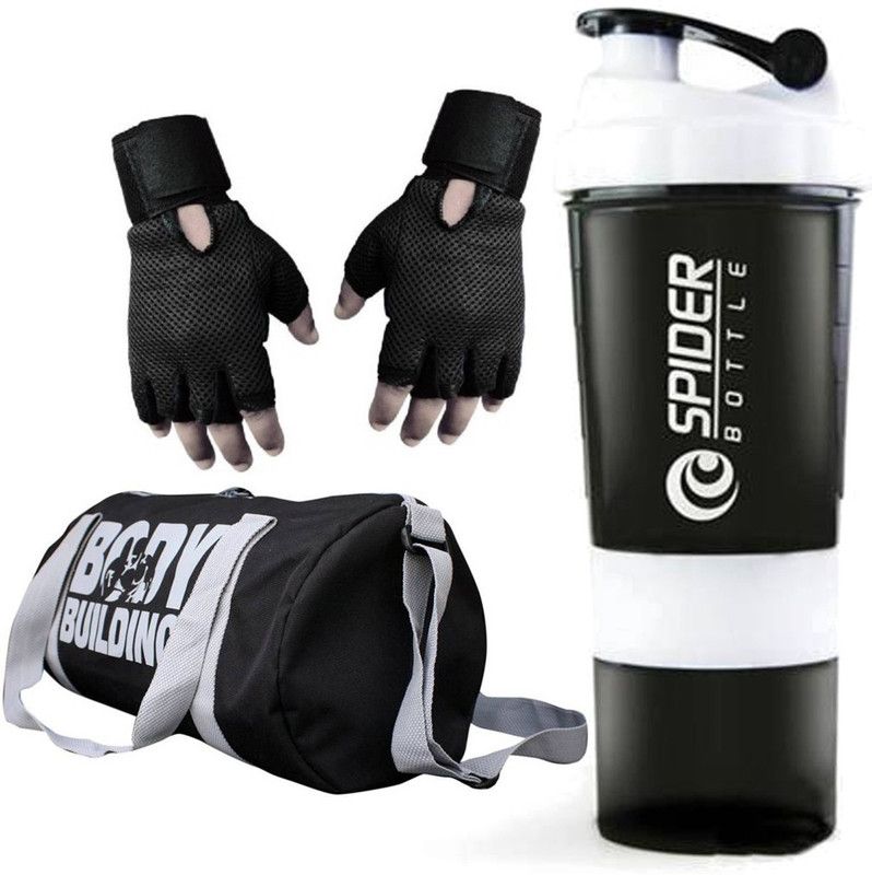 Snipper Combo of Bodybuilding Gym Bag, Gloves Black and Spider Shaker(white) Fitness Accessory Kit Kit