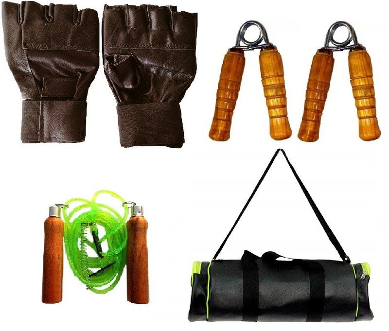 VENOM Finger Cut Black Gym gloves with Skipping Rope, Hand Gripper & Duffle Bag Fitness Accessory Kit Kit