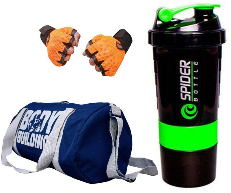 Snipper Combo of Bodybuilding Blue Bag , Gloves Orange And Spider Shaker Green Fitness Accessory Kit Kit