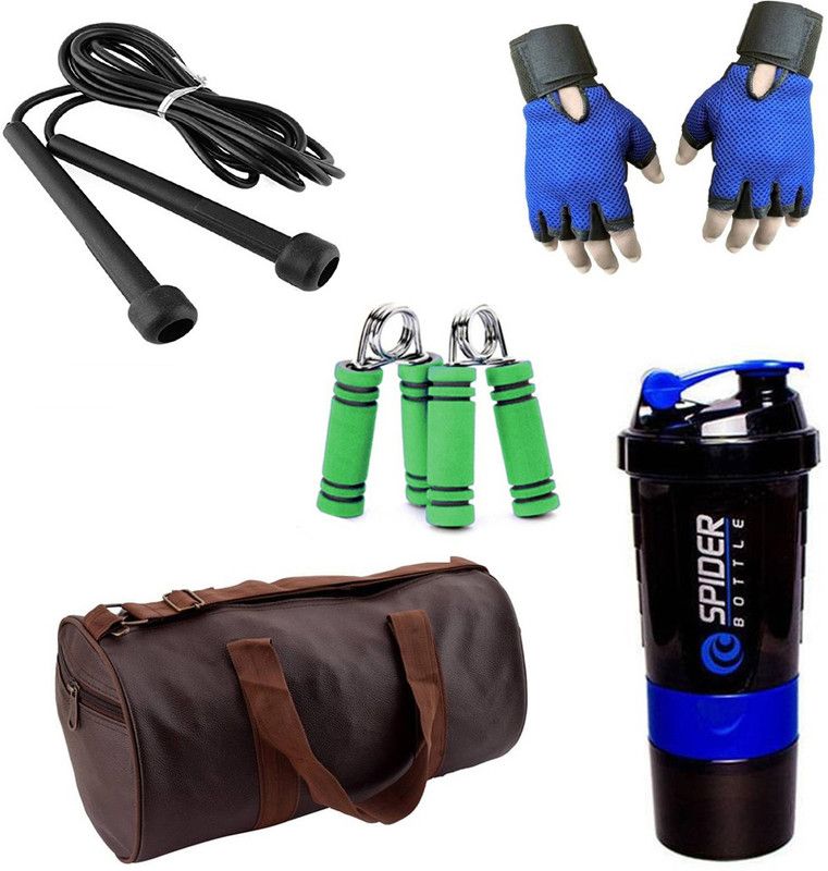 Trending Snipper Combo Of Leatherite (Brown) Gym Bag, Gloves (Blue), Spider Shaker (Blue), Skipping Rope(Black) And Hand Gripper (Green) Fitness Accessory Kit Kit