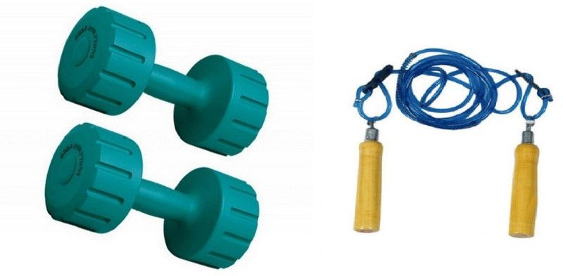 VENOM GREEN COLOR 5KG VINYL PLASTIC DUMBELL AND BLUE COLOR WOODEN HANDLE SKIPPING ROPE Dumbbell Kit Kit