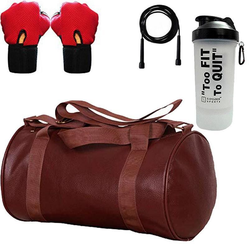 5 O' CLOCK SPORTS Combo Set of Brown Soft Leather Gym Bag, Fitness Accessory Kit Kit