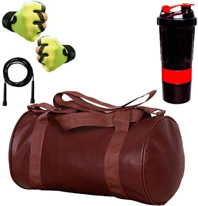 5 O' CLOCK SPORTS Brown Leather Gym Bag, Green Gloves, Black Skipping Rope Fitness Accessory Kit Kit