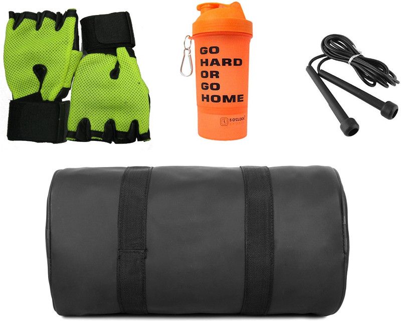 5 O' CLOCK SPORTS Combo Of Leatherite Black Gym Bag , and orange shaker 700ml, rope with green gloves Gym & Fitness Kit Fitness Accessory Kit Kit
