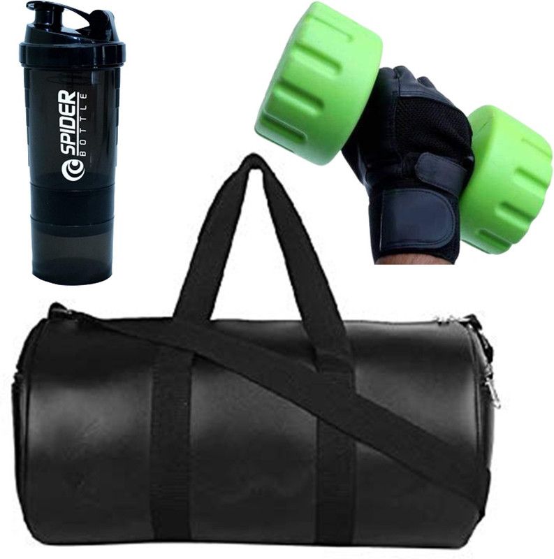 AV Brands leather gym bag black , gym gloves leather & spider bottle black Fitness Accessory Kit Kit