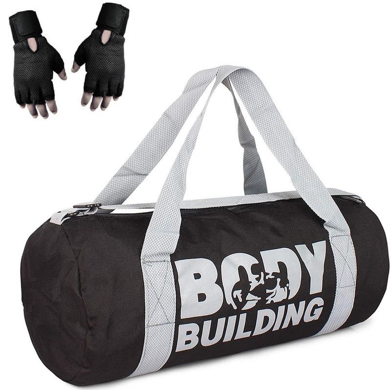 AV Brands Gym Bag Combo Set Enclosed with Body Building Polyster Duffel Gym Bag for Men and Women for Fitnes - black Color- Leather Gym Gloves with Wrist Support- Black Color Fitness Accessory Kit Kit