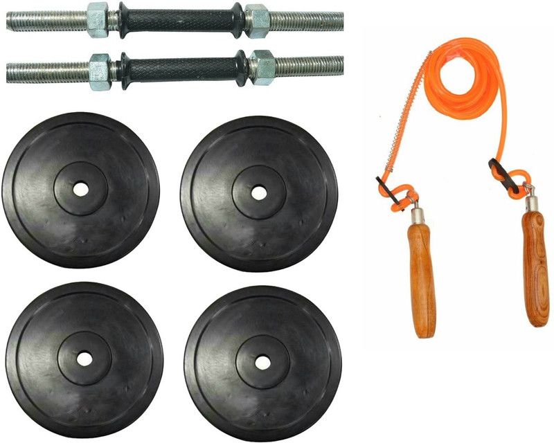 HEALTH FIT INDIA PAIR OF DUMBELL RODS ALONG WITH 4 WEIGHT PLATES AND WOODEN HANDLE ORANGE COLOR SKIPPING ROPE Dumbbell Kit Kit
