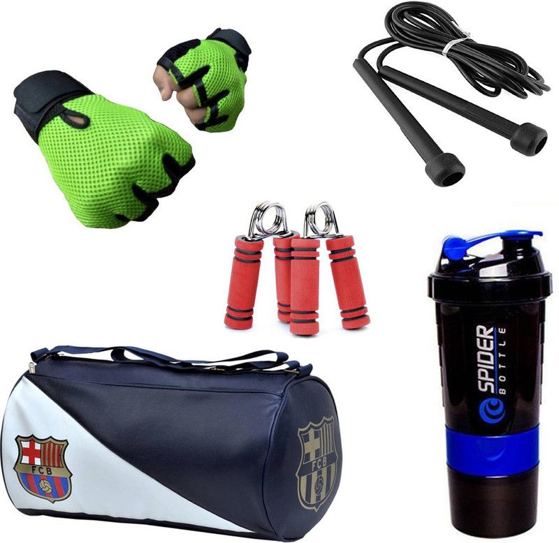 Rocket Sales Combo Of FCB Gym Bag, Gloves(Green), Spider Shaker(Blue), Skipping Rope(Black) And Hand Gripper(Red) Fitness Accessory Kit Kit