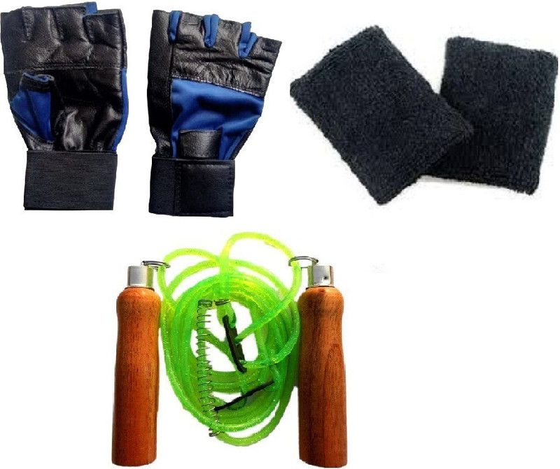 VENOM Finger Cut Blue Gym gloves with Skipping Rope and Wristband Fitness Accessory Kit Kit