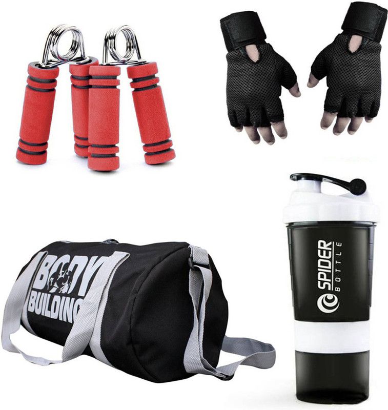 Rocket Sales Combo Of BodyBuilding (Black) Gym Bag, Gloves (Black), Spider Shaker (White) And Hand Gripper (Red) Fitness Accessory Kit Kit
