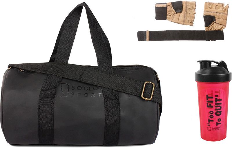 5 O' CLOCK SPORTS Combo Of Leatherite Black Gym Bag , and pink sipper with brown gloves Gym & Fitness Kit Fitness Accessory Kit Kit