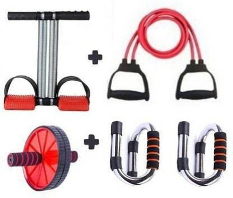 Flysch Shoppe Double Spring Tummy Trimmer + AB Wheel Exerciser + Abdominal Toning Tube Combo for GYM, Push-up Bar Stand Gym Fitness Accessory Kit Kit