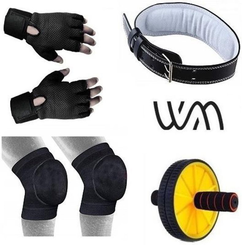Web Mall Medium Geniune Leather Weight Lifting Belt With AB Roller,One Pair Gym Gloves & One Pair Padded Knee Caps Unisex Fitness Accessory Kit Kit