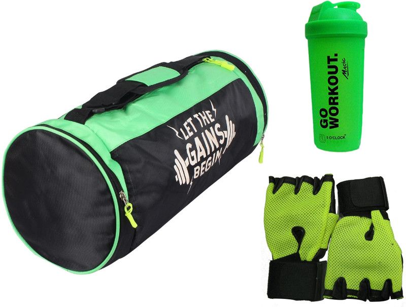 5 O' CLOCK SPORTS Combo Of Leatherite Green Gym Bag , Green gloves and go workout shaker Gym & Fitness Kit Gym Fitness Accessory Kit Kit