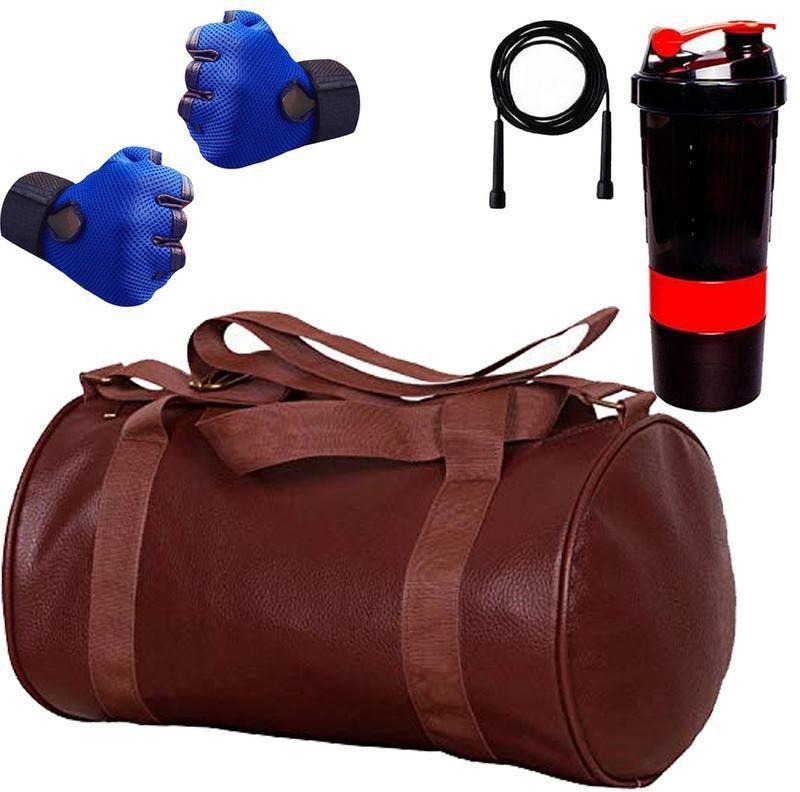 5 O' CLOCK SPORTS Brown Leather Gym Bag, Blue Gloves, Skipping Rope and Red Spider Shaker Bottle Combo Pack Fitness Accessory Kit Kit