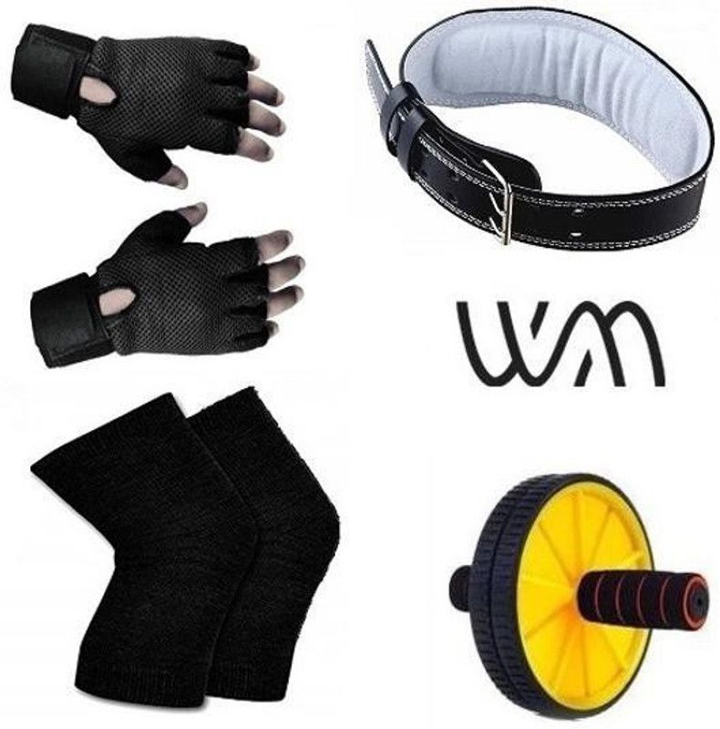Web Mall Extra Large Geniune Leather Weight Lifting Belt With AB Roller,One Pair Gym Gloves & One Pair Knee Caps Unisex Fitness Accessory Kit Kit