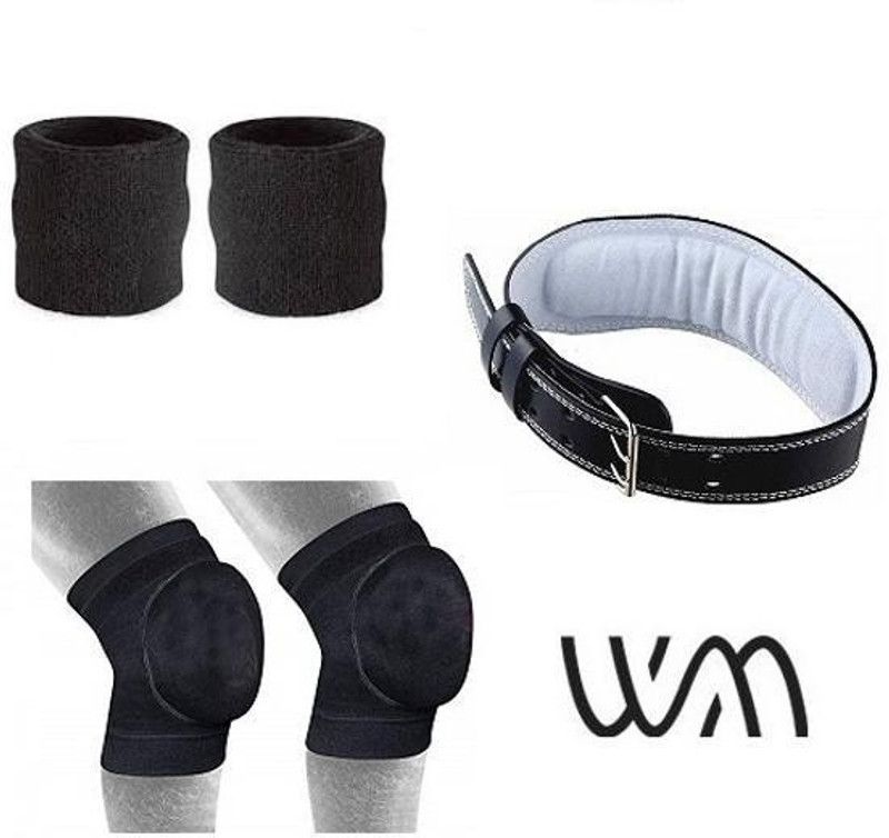 Web Mall Small Geniune Leather Weight Lifting Belt With One Pair Sweat Bands & One Pair Padded Knee Caps Unisex Fitness Accessory Kit Kit