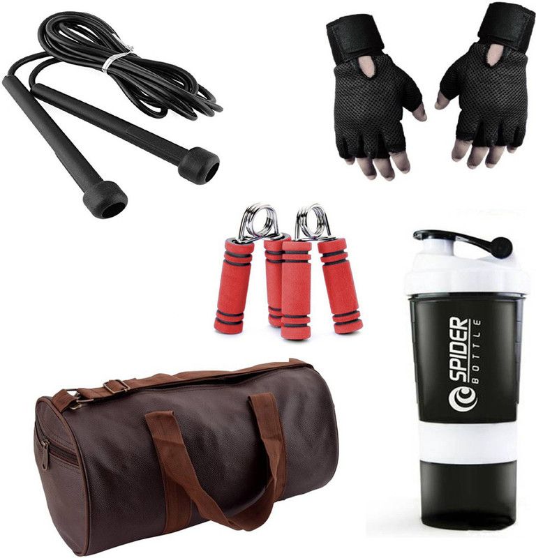 Rocket Sales Combo Of Leatherite (Brown) Gym Bag, Gloves (Black), Spider Shaker (White), Skipping Rope(Black) And Hand Gripper (Red) Fitness Accessory Kit Kit