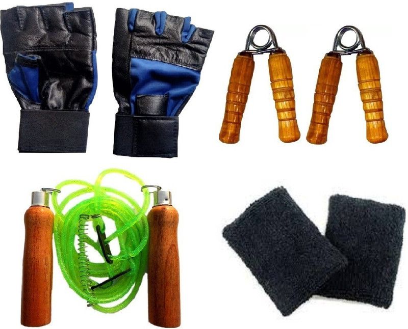 VENOM Finger Cut Blue Gym gloves with Skipping Rope, Wristband and Hand Gripper Fitness Accessory Kit Kit