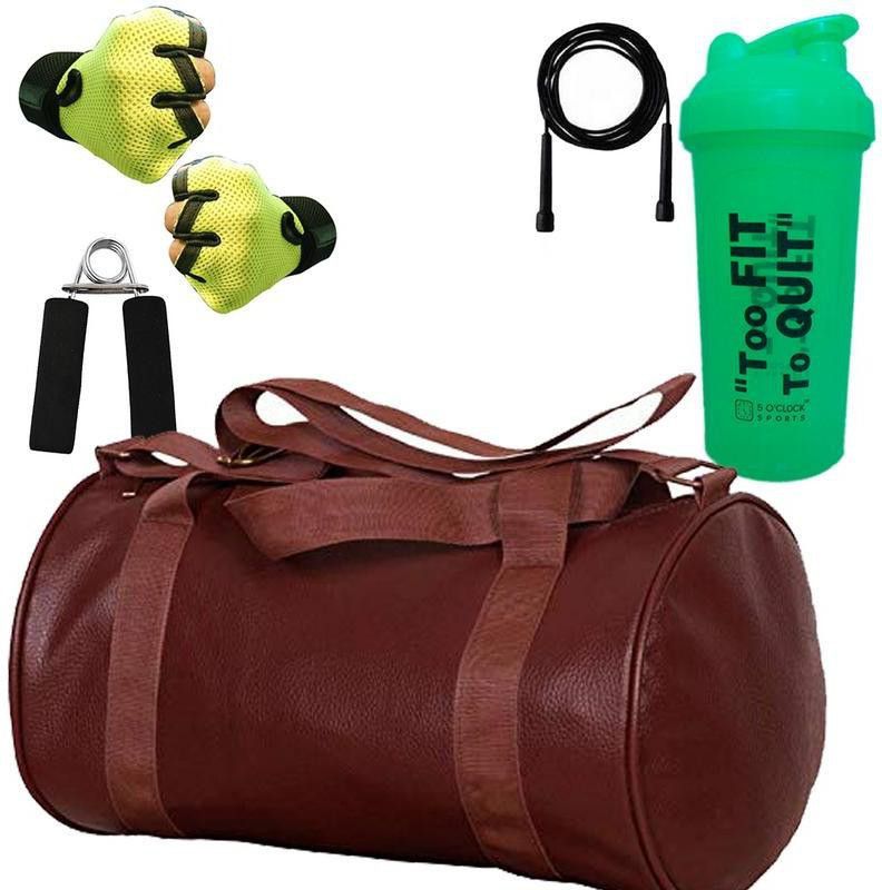 5 O' CLOCK SPORTS Brown Leather Gym Bag , Gym Gloves(Green) Black Skipping Rope Fitness Accessory Kit Kit