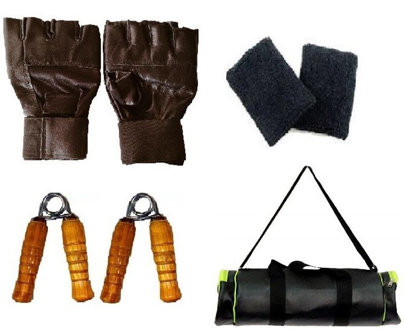 VENOM Finger Cut Black Gym gloves with Wristband, Hand Gripper & Duffle Bag Fitness Accessory Kit Kit