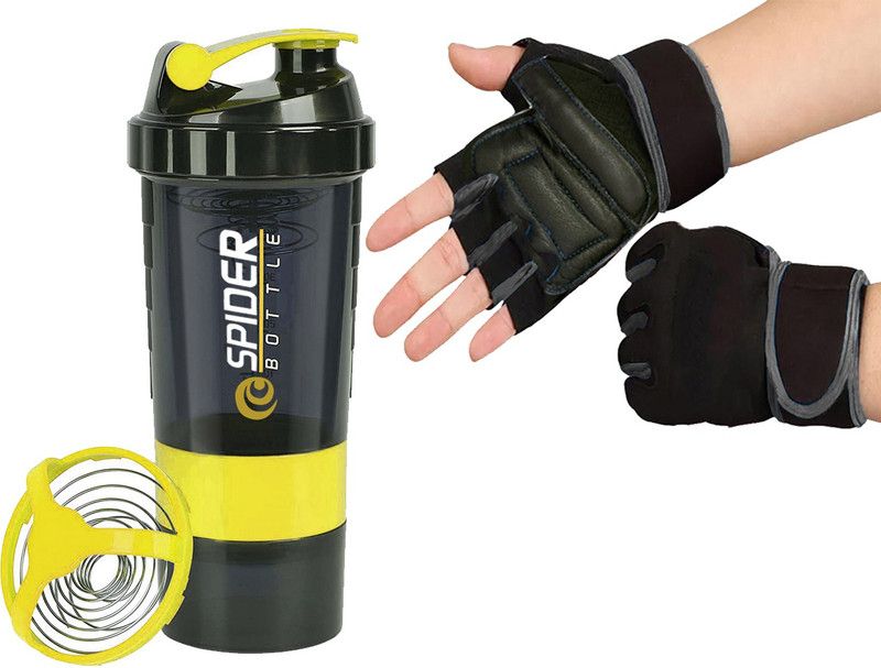 TRUE INDIAN Premium Quality Sports Gym Shaker & Sipper Bottle with Gym Gloves for Men Women 500 ml Shaker  (Pack of 2, Yellow, Plastic)
