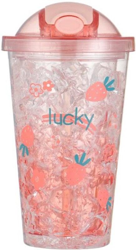 Double Wall Cartoon Printed, Jelly Freezer, Acrylic Bottle with Straw (Pink) 450 ml Sipper  (Pack of 1, Pink, Plastic)
