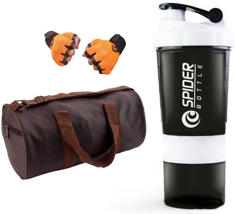 Snipper Combo of Leatherite Brown Gym Bag with Side Pocket , Orange Gloves and White Spider Shaker Fitness Accessory Kit Kit