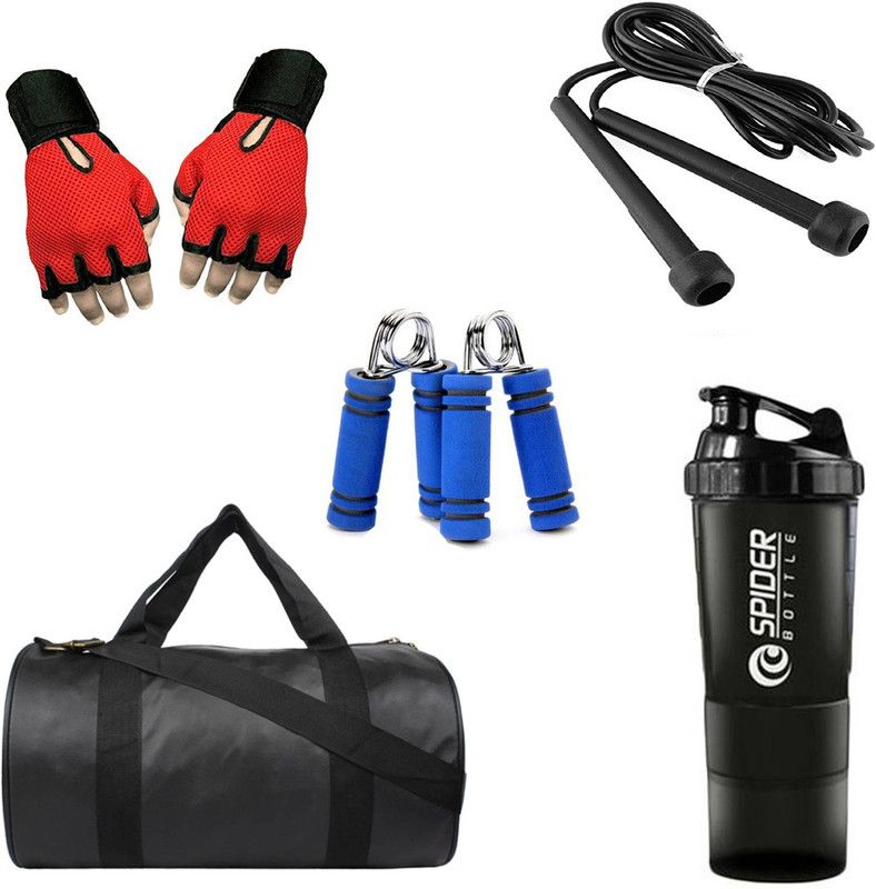 Rocket Sales Combo of Leatherite (Black) Gym Bag, Gloves (Red), Spider Shaker (Black), Skipping Rope (Black) And Hand Gripper (Blue) Fitness Accessory Kit Kit