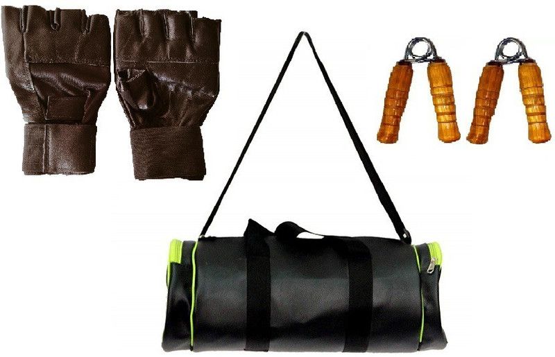 VENOM Finger Cut Black Gym gloves with Hand Gripper & Duffle Bag Fitness Accessory Kit Kit