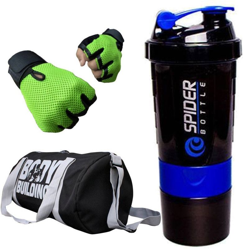 Rocket Sales Combo Of BodyBuilding (Black) Gym Bag, Gloves (Green) And Spider Shaker (Blue) Fitness Accessory Kit Kit