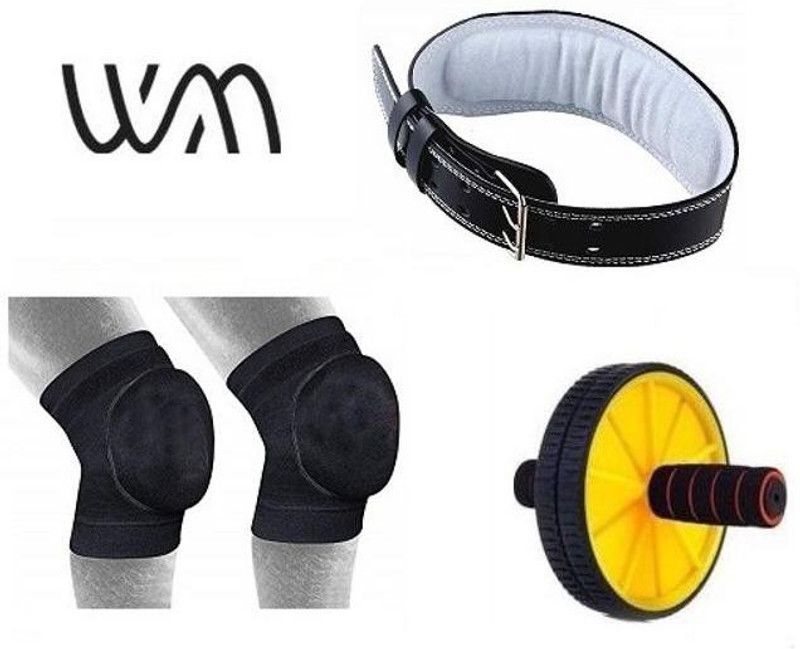 Web Mall Medium Geniune Leather Weight Lifting Belt With AB Roller & One Pair Padded Knee Caps Unisex Fitness Accessory Kit Kit